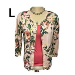 GNW Floral Cardigan Size Large Button Down Pale Pink Very Pretty Rayon